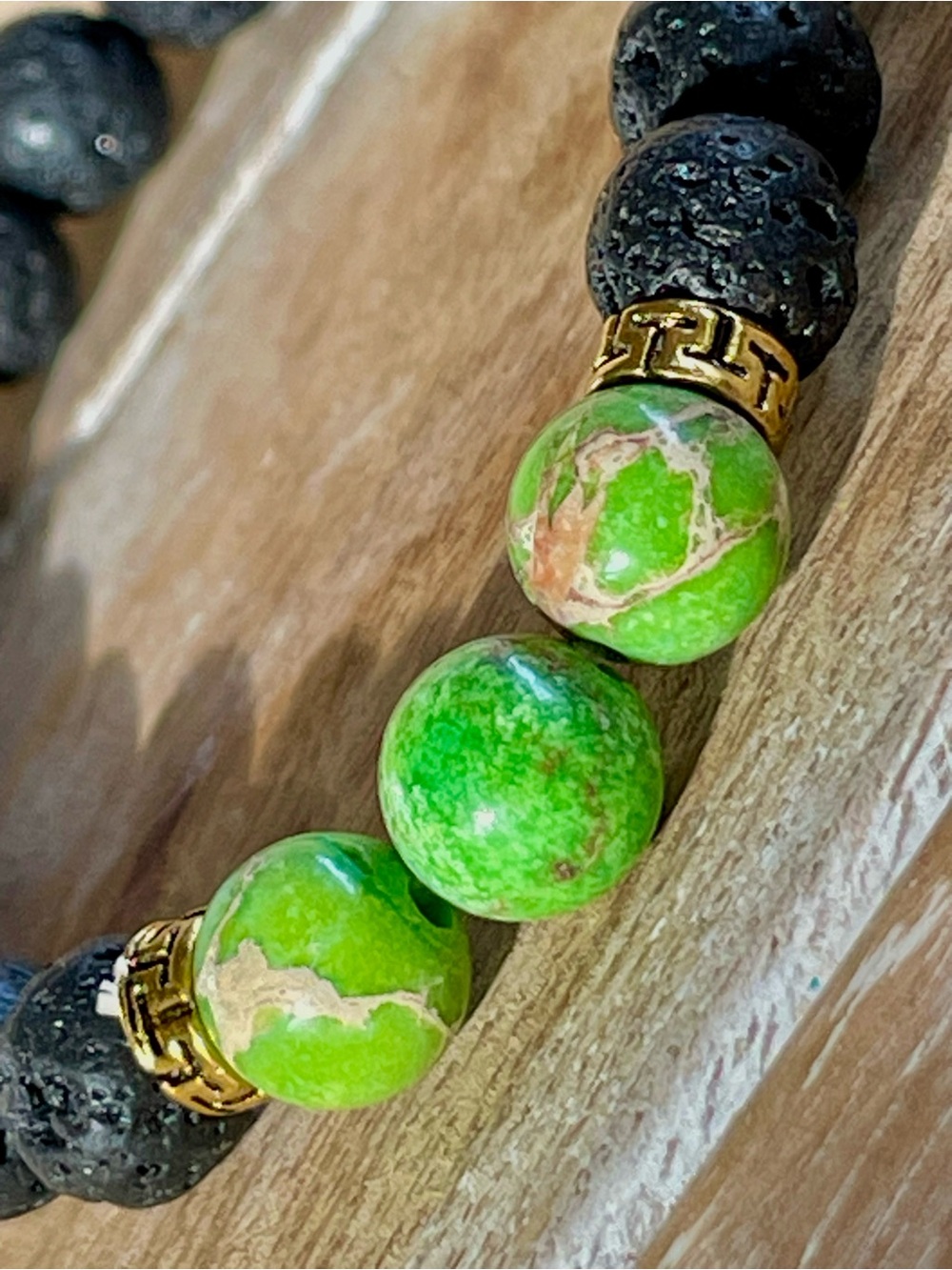 Handmade for Black Lava Bead Bracelet with Green Accent Beads - Picture 2 of 3